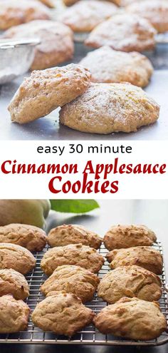 cinnamon applesauce cookies cooling on a rack with the words, easy 30 minute cinnamon apple