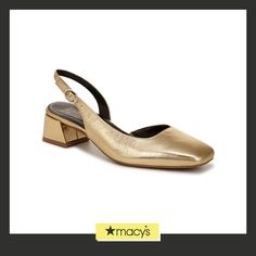 in stock Chic Gold Slingback Sandals For Spring, Chic Gold Slingback Pumps For Spring, Classic Gold Slingback Heels, Elegant Heels For Summer Shopping, Chic Slingback Pumps With Gold-tone Hardware For Party, Classic Gold Slingback Pumps With Ankle Strap, Gold High Heel Slingback Pumps For Work, Gold Ankle Strap Slingback Pumps For Work, Chic Gold Leather Slingback Pumps