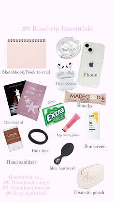 Coquette/Pink/Cute/Whats in my bag/Road trip essentials Road Trip Necessities, Sleepover Essentials, School Backpack Essentials, Airplane Travel Essentials, Travel Packing Checklist, Packing Essentials List