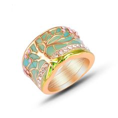 Tree of Life Gold Plated Ring - AtPerry's Healing Crystals Ring Tree, Tree Of Life Ring, Life Ring, Tree Of Life Jewelry, Tree Rings, Unique Trees, Wide Rings, Fashion Ring, Green Enamel