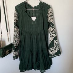 I Bought It And Lost Weight So It Doesn’t Fit Me Otherwise I Would Definitely Keep. It’s A Gorgeous Dress And It Has A Slip That Is Removable Underneath. Would Be A Great Holiday Dress. Size Xs Casual Floral Embroidered Midi Dress For Fall, Casual Fall Midi Dress With Floral Embroidery, Green Long Sleeve Boho Dress For Spring, Casual Fitted Boho Dress With Long Sleeves, Casual Fitted Long Sleeve Boho Dress, Fall Cotton Boho Dress, Green Long Sleeve Boho Dress, Fitted Long Sleeve Cotton Boho Dress, Casual Green Dress With Floral Embroidery