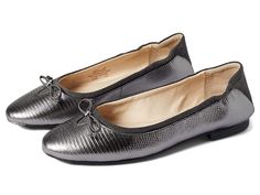 Cole Haan Keira Ballet - Women's Shoes : Pewter Lizard Embossed Leather : Dress up for a formal meeting or an important presentation by completing your look wearing the Cole Haan Keira Ballet. Suede upper. Man-made lining and insole. Slide-in style. Bow detail on the top. Round toe. Padded footbed for ultimate comfort. Full rubber outsole with weave design. Imported. Measurements: Weight: 5 oz. Measurements: Weight: 5 oz Product measurements were taken using size 9, width B - Medium. Please note Flat Shoes For Women, Flats Shoes Comfortable, Cole Haan Women, Top Round, Slide In, Leather Dress, Chanel Ballet Flats, Bow Detail, Shoes For Women