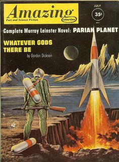 an old book cover with a man holding a rocket