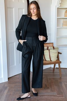 Elevate the workday with the classically chic Essential Pleated Pant. With the utmost attention to detail, these trouser pants feature rear welt pockets, front pleated details, belt loops, and an elastic back detail for an easy fit. Breathable linen blend. Unlined. Sits at the natural waist. Designed in New Hampshire and produced in New York City. Made in USA 55% Linen, 42% Rayon, 3% Elastane Measurements: XS: Waist 25" | Hip 40" S: Waist 27" | Hip 42" M: Waist 29" | Hip 44" L: Waist 31" | Hip 4 Pleated Pant, Emerson Fry, Insole Design, Slow Fashion Brands, Slingback Flats, Denim Shoes, Pleated Pants, Womens Size Chart, Sweatshirt Dress