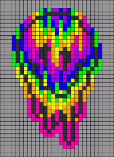 a pixellated image of a skull made out of colored squares, with black dots in the middle