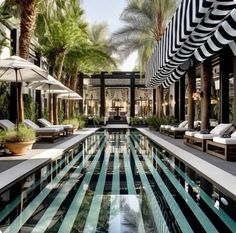 an outdoor swimming pool with lounge chairs and umbrellas next to it, surrounded by palm trees