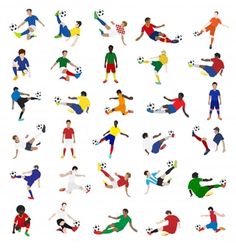 a large group of people playing soccer on a white background, all in different colors