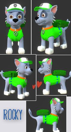 four different images of a dog in green clothes and hat, with the caption rocky