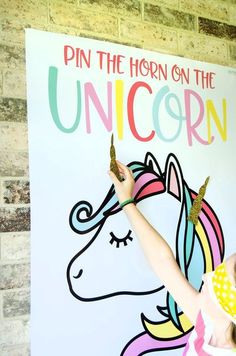 Pin The Horn On The Unicorn, Unicorn Games, Rainbow Unicorn Birthday Party, Rainbow Unicorn Party, Unicorn Themed Birthday Party, Rainbow Unicorn Birthday, Fairy Party, The Horn, Bday Girl