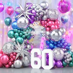 the number sixty is surrounded by balloons and disco ball garlands in this 3d image