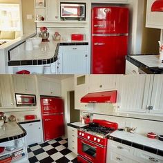 red and white kitchen with black and white checkered flooring, stove top oven