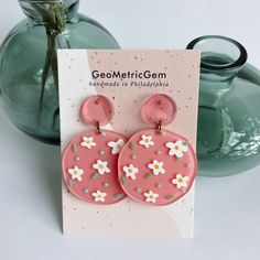 "Bella Earrings. Statement yet lightweight earrings. Made from a durable acrylic and surgical steel posts ( safe for sensitive ears). Approx. measurements. 2\"L x 1.5\"W. Handmade in Philadelphia." Earring Clay, Flowers Daisy, Free Shapes, Pink Round, Earring Ideas, Lightweight Earrings, Round Design, Earrings Statement, Light Weight Earrings