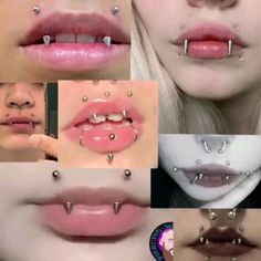 multiple images of different types of piercings on the lips and mouth, including nose rings