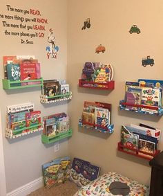 Boys Room Wall Shelf Trucks construction zone Book Wall Shelf, Room Wall Shelves, Shelf Installation, Kids Homework Station, Grandkids Room, Kids Homework, Fancy Fabric, Shelf Floating