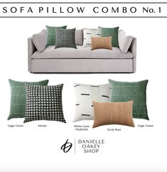 the sofa and pillows are shown in three different styles, including one with black and white squares