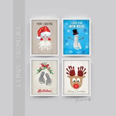 four christmas cards with reindeers, snowmen and santa's hats on them