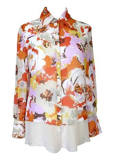 Guaranteed authentic exquisite Valentino silk blouse. Beautiful abstract flower print in rusts, gold, brown, lavender, taupe and beige. Semi sheer silk chiffon. 2 button 4" wide cuffs cut at an angle for flare. 5" wide soft taupe silk band at hemline. 7 mother of pearl buttons. Nice size deep point collar. So chic. final sale SIZE 10 TOP MEASURES: LENGTH 29.5" UNDERARM TO UNDERARM 19.5" WAIST 17.75" SLEEVE 24.5" CONDITION: MINT Valentino Top, Valentino Silk, Abstract Flowers Print, Silk Tops Blouses, Printed Silk Blouses, Flowers Print, Abstract Flower, Wide Cuff, Mother Of Pearl Buttons