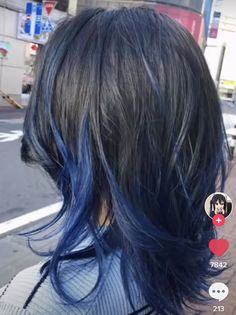 Navy Blue Short Hair, Blue Highlights On Short Black Hair, Short Black Hair With Blue Streaks, Dark Blue Streaks In Black Hair, Blue Underdye Hair, Wolfcut With Blue Highlights, Dark Blue Hair With Light Blue Streaks, Blue Highlights In Black Hair