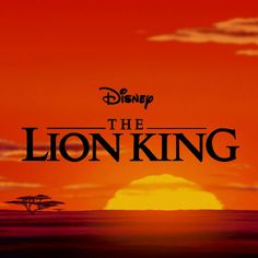 the lion king logo in front of an orange and red sky with trees on it