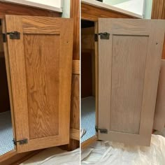 two pictures of the inside of a wooden cabinet with one door open and another closed