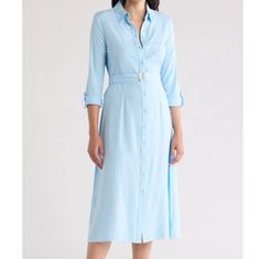 Gorgeous Dress New With Tags A Belted Waist Defines This Timeless Shirtdress That's Framed By Long Sleeves Offering A Refined Appearance. Front Button Closure Point Collar Long Sleeves With Button Cuffs Removable Belt 100% Rayon Blue Belted Midi Dress For Daywear, Belted Blue Shirt Dress For Summer, Light Blue Midi Dress For Office, Light Blue Summer Office Dress, Light Blue Midi Dress For Spring Workwear, Spring Light Blue Midi Dress For Workwear, Spring Light Blue Midi Dress For Work, Office Blue Midi Length Shirt Dress, Light Blue Midi Shirt Dress For Work