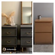 two pictures side by side one has a dresser and the other has a mirror on it