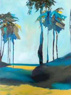 a painting of three palm trees on a sunny day