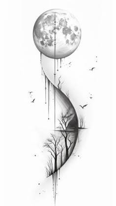 an artistic drawing with trees and the moon