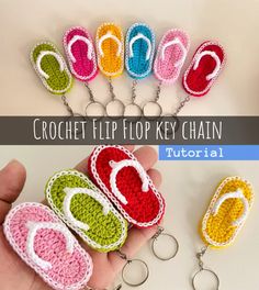 the crochet flip flop key chain is shown in different colors