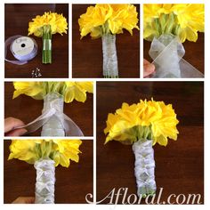 step by step instructions on how to make a sunflower bridal bouquet with ribbon