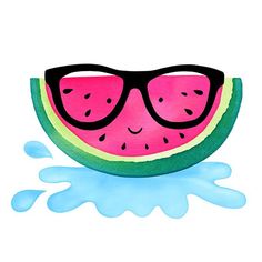 a watermelon slice with sunglasses on it's face and splashing water