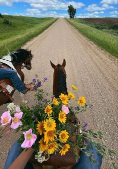 a person sitting on a bench next to a horse with flowers in front of them