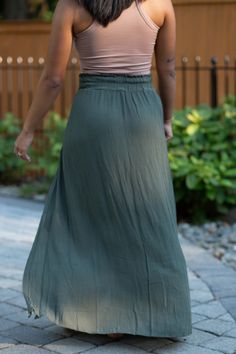 Double split thigh high maxi skirt 100% Rayon Model wearing size small Thigh High, Thigh Highs, Mary Janes, Olive Green, High Waisted Skirt, Maxi Skirt, Split, Skirt, How To Wear