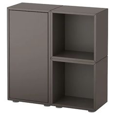 an open cabinet with two shelves on one side and the other half closed in front