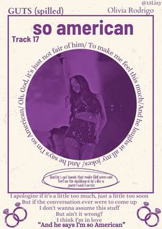 an advertisement for the song so american, which is written in purple and has a woman's face on it