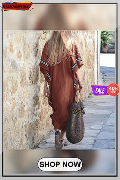 Women Vintage Long Sleeve V Neck Dresses Shift Plain Dress Short Sleeve Maxi Dress For Fall Beach, Short Sleeve Maxi Dress For Fall Beach Outing, Short Sleeve Maxi Dress For Beach In Fall, Long Shift Midi Dress For The Beach, Oversized Fall Vacation Maxi Dress, Oversized Maxi Dress For Fall Vacation, Casual Tunic Maxi Dress For Spring, Casual Brown Maxi Dress For Vacation, Casual Tunic Midi Dress For Fall