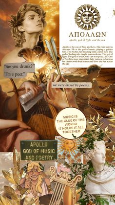 the collage shows an image of a woman holding a harp and some other items