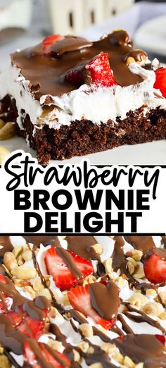 there is a piece of brownie with strawberries on top and chocolate drizzle