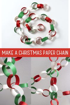 christmas paper chains hanging from the ceiling with red, green and white ribbons on them