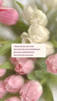 pink and white flowers in the rain with a quote above it that reads, teach me your love that i may rest on your faith