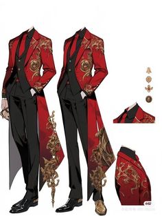 Black Red Outfit Men, Black Villain Outfit, Black And Red Suit For Men, Red Outfit Ideas Men, Red Suit Men, Royalty Clothing, Suit Drawing, Circus Outfits, Red Gothic