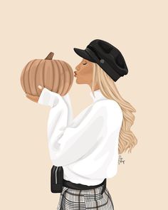 a woman wearing a hat and holding a pumpkin