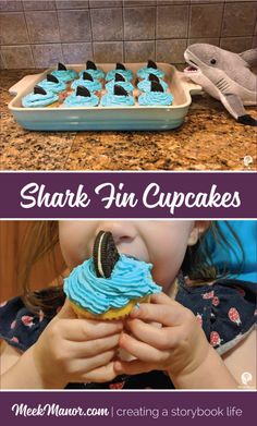 shark fin cupcakes with blue frosting and chocolate sprinkles