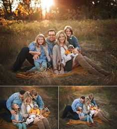 a family sitting on a blanket in the grass at sunset