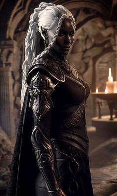 an image of a woman dressed in black with white hair and braids wearing armor