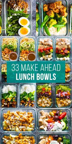 an image of lunch bowls with the words, make ahead lunch bowls on top and below