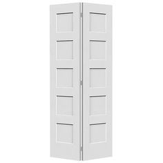 two white doors are open on a white background and one is closed to reveal the room