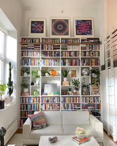 a living room filled with lots of books on top of a white shelf next to a window