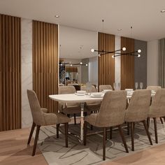 a large dining room table and chairs in front of a wall with wood slats