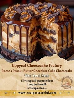 an advertisement for a cheesecake factory with chocolate icing and caramel toppings